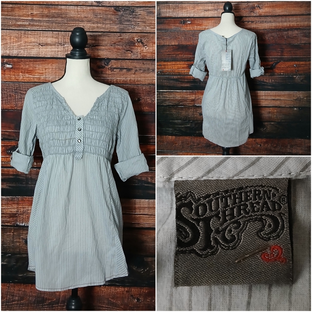 NWT Southern Thread Top M Peasant Smocked Lightweight Cotton Gray Striped